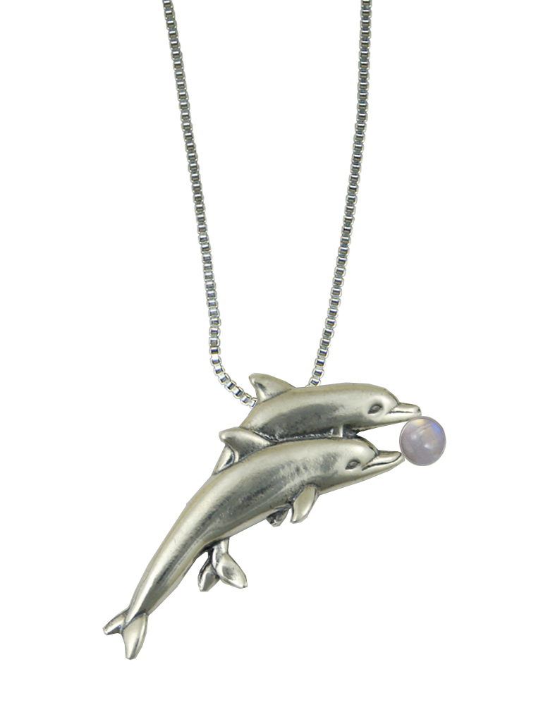 Sterling Silver Pair of Dolphins Pendant With Rainbow Moonstone